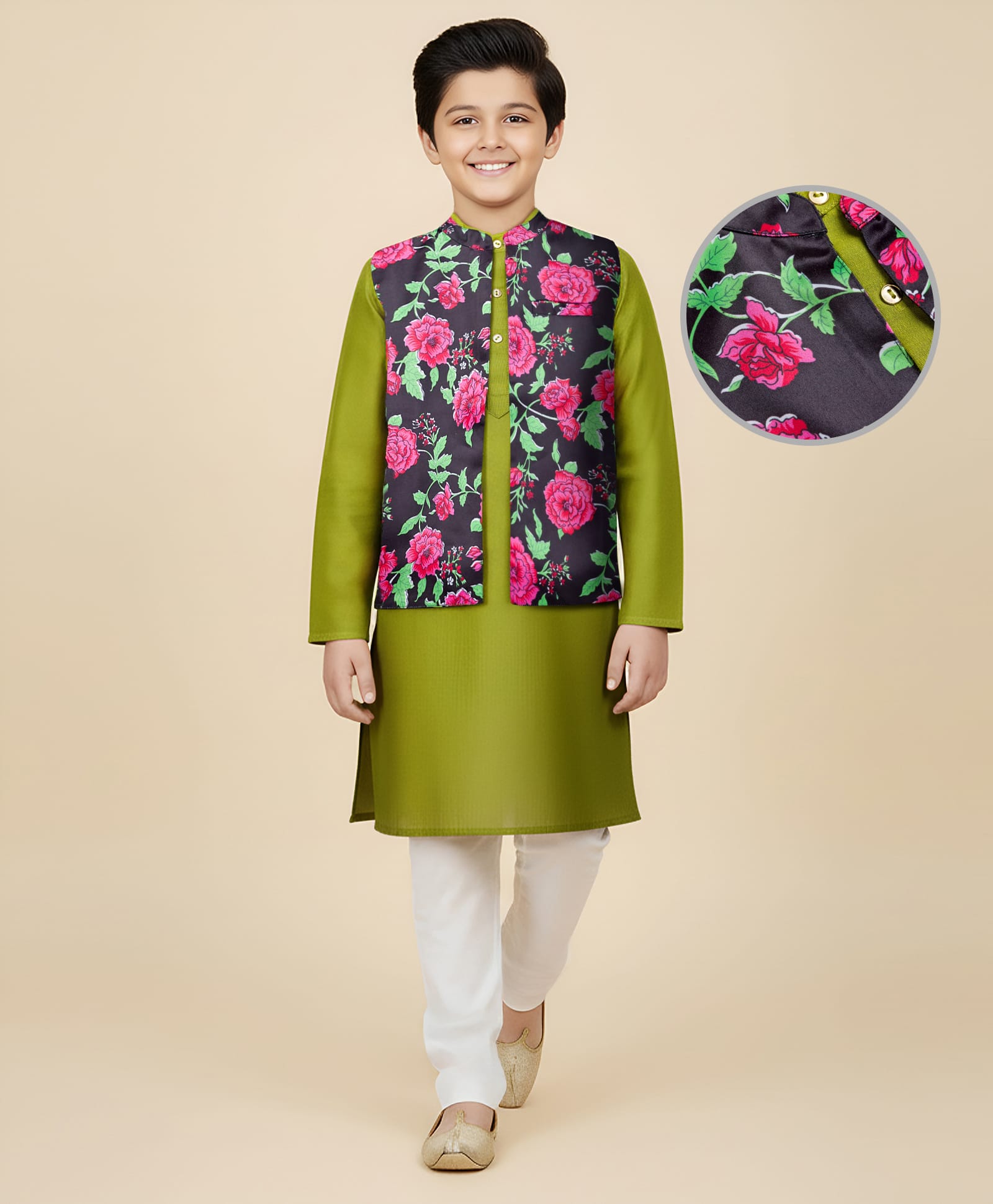 Pine Kids Woven Full Sleeves Kurta Pajama Set with Floral Printed Neheru Jacket - Green-image-29