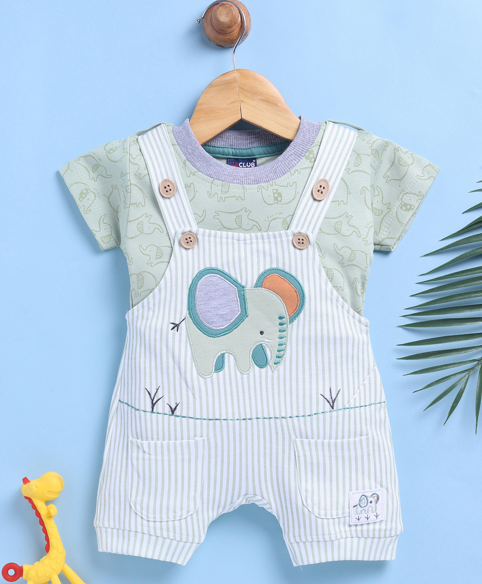 Jb Club Cotton Knit Striped & Elephant Embroidered Dungaree With Half Sleeves Tee - Green-picture-28