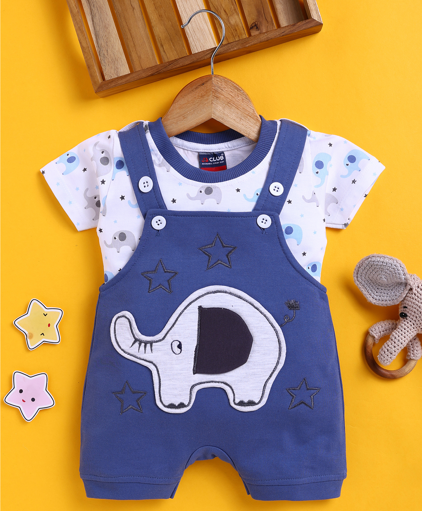 Jb Club Cotton Knit Elephant Embroidered Dungaree With Half Sleeves Tee - Blue-picture-17