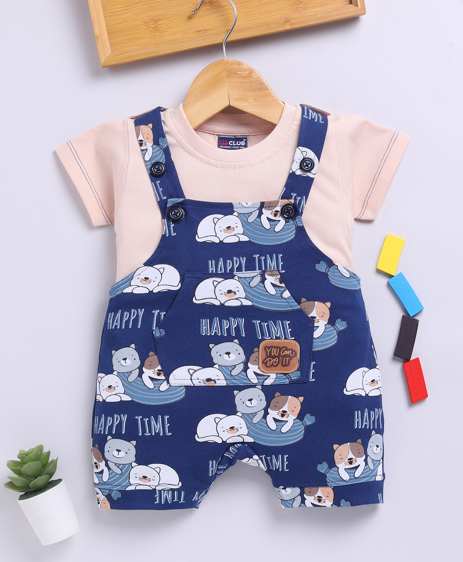 Jb Club Cotton Knit Half Sleeves Happy Time Text Printed Dungaree & Half Sleeves Tee Set - Blue-picture-13
