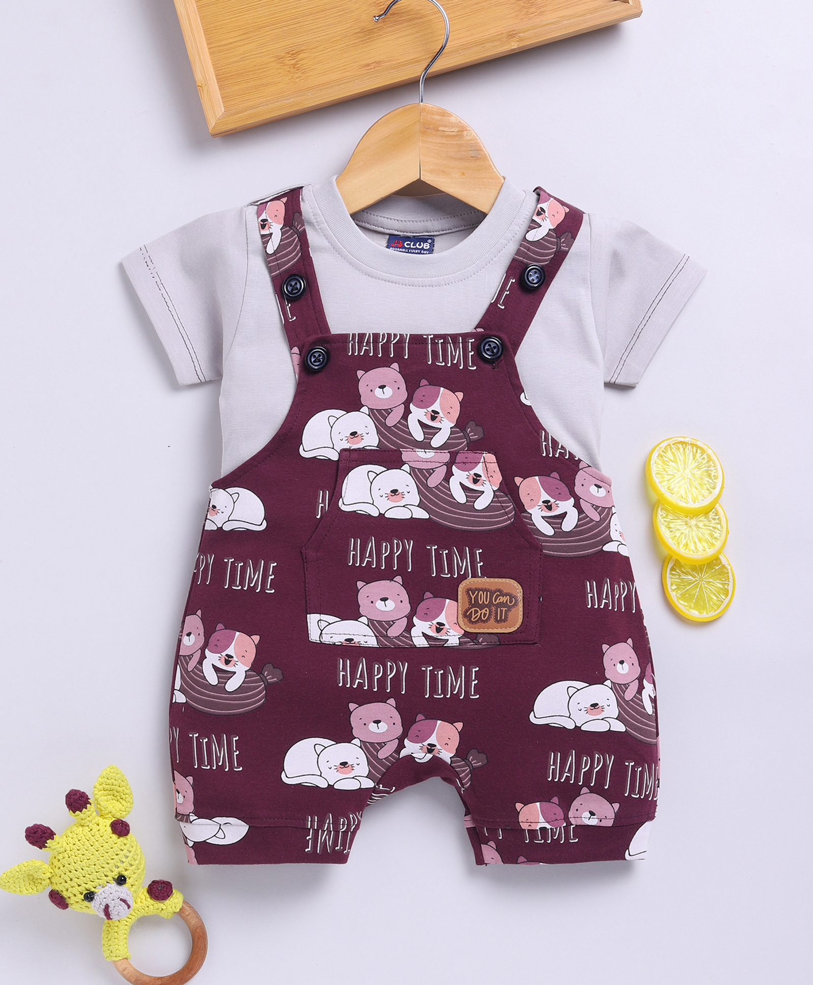 Jb Club Cotton Knit Half Sleeves Happy Time Text Printed Dungaree & Half Sleeves Tee Set - Maroon-picture-19