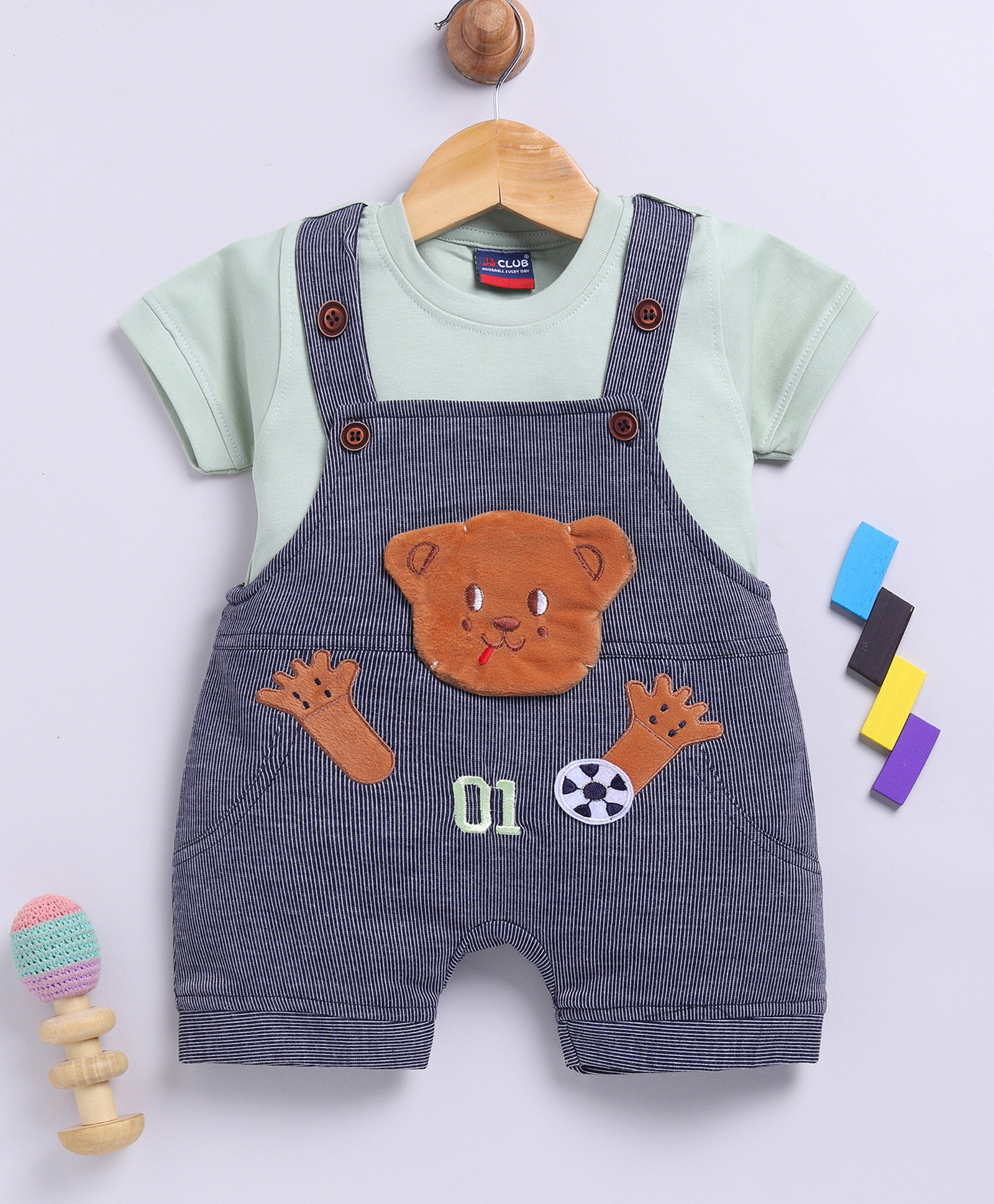 Jb Club Cotton Knit Teddy Bear Patch Embroidered Dungaree With Half Sleeves Tee Set - Green-picture-12