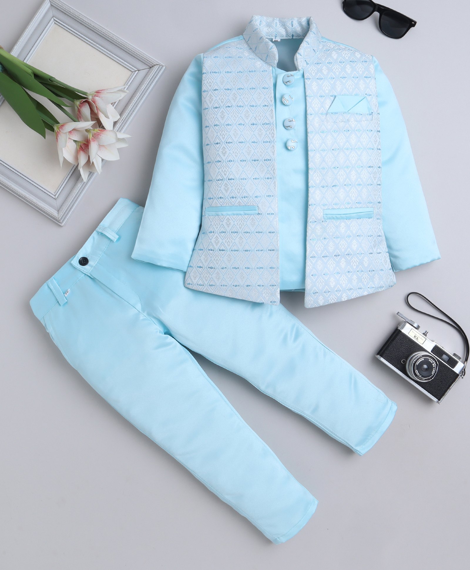 Fourfolds Satin Woven Full Sleeves Floral Embroidered & Sequins Embellished Jodhpuri Blazer & Trousers Set - Sky Blue-picture-25