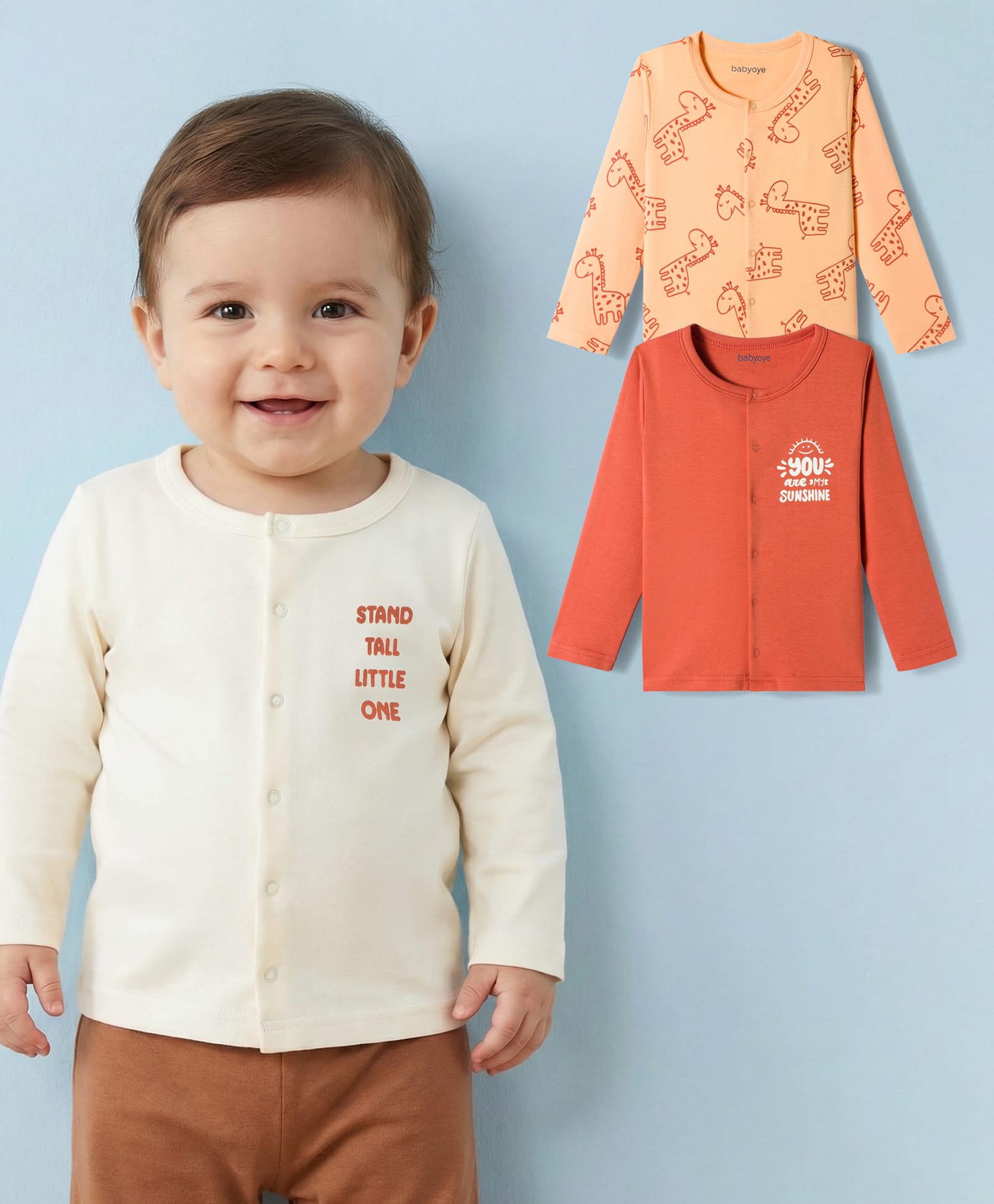 Babyoye 100% Cotton Interlock Knit Full Sleeves Jhablas With Animal Print Pack Of 3 - Rust Orange White & Orange-picture-16
