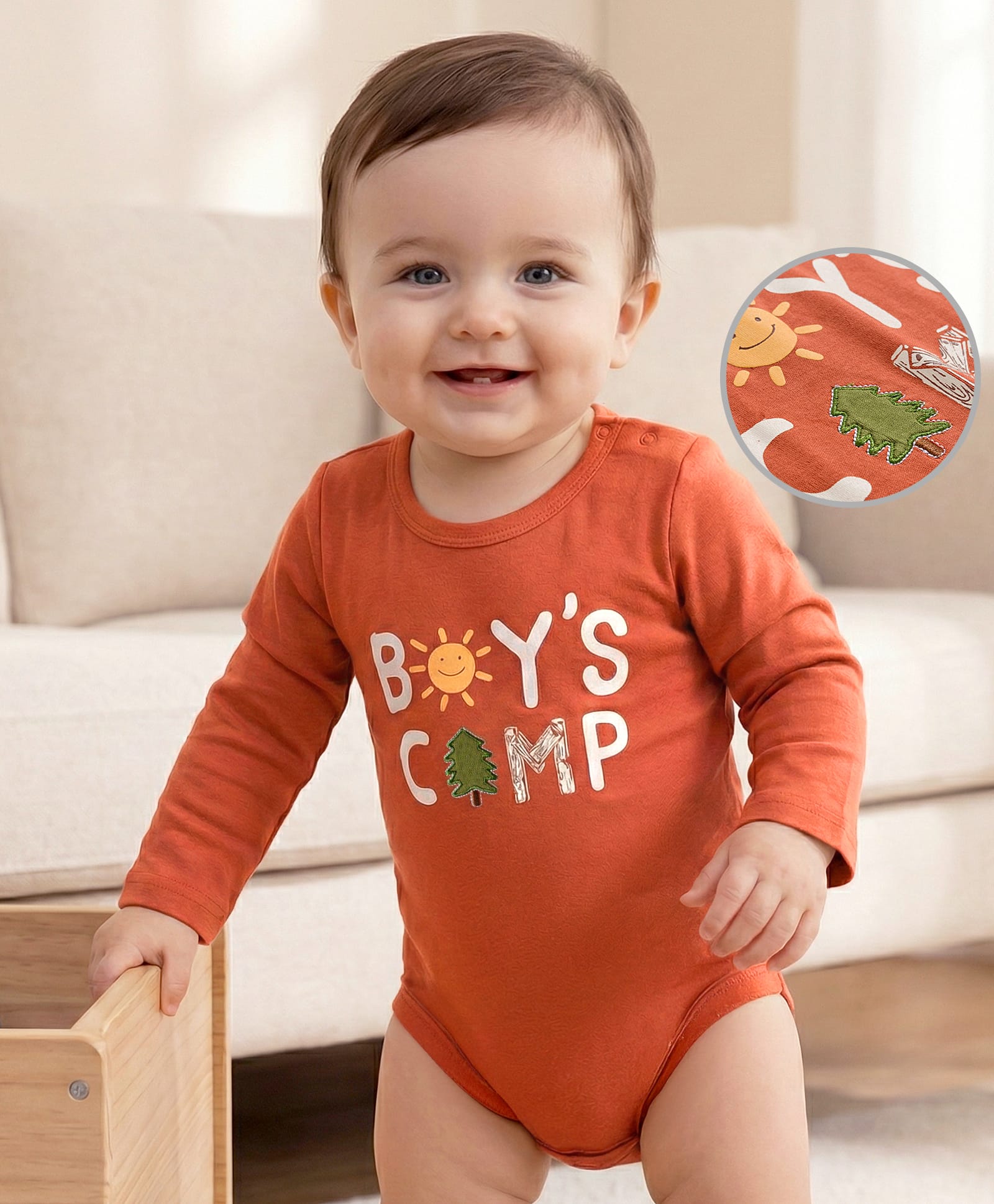 Babyoye 100% Cotton Knit Full Sleeves Onesie With Boys Camp Print - Light Brown-image-11