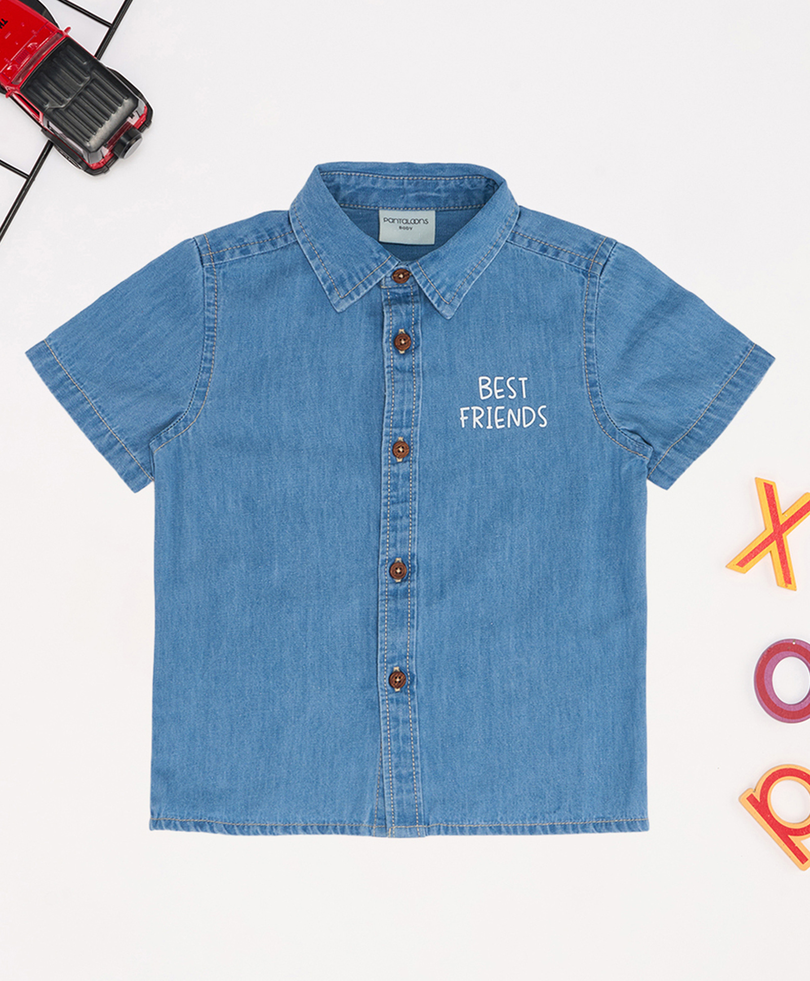 Pantaloons Baby Denim Woven Half Sleeves Hammerhead Shark & Crab Printed Shirt - Blue-image-38