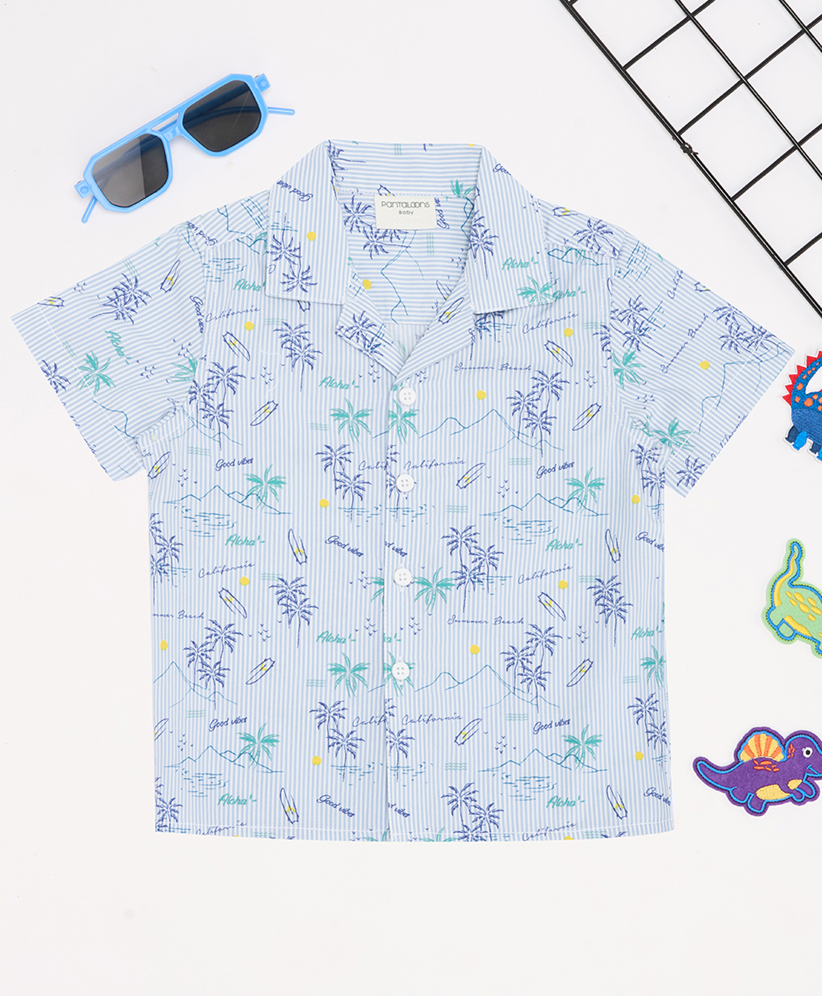 Pantaloons Baby Cotton Woven Half Sleeves Hawaiian Theme Printed & Striped Shirt - Light Blue-image-46
