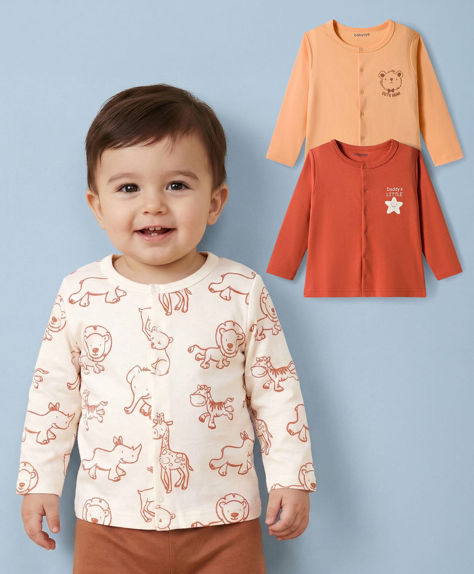 Babyoye 100% Cotton Knit Full Sleeves Front Open Jhablas With Animal Print Pack of 3 - White Rust Orange & Peach-picture-8