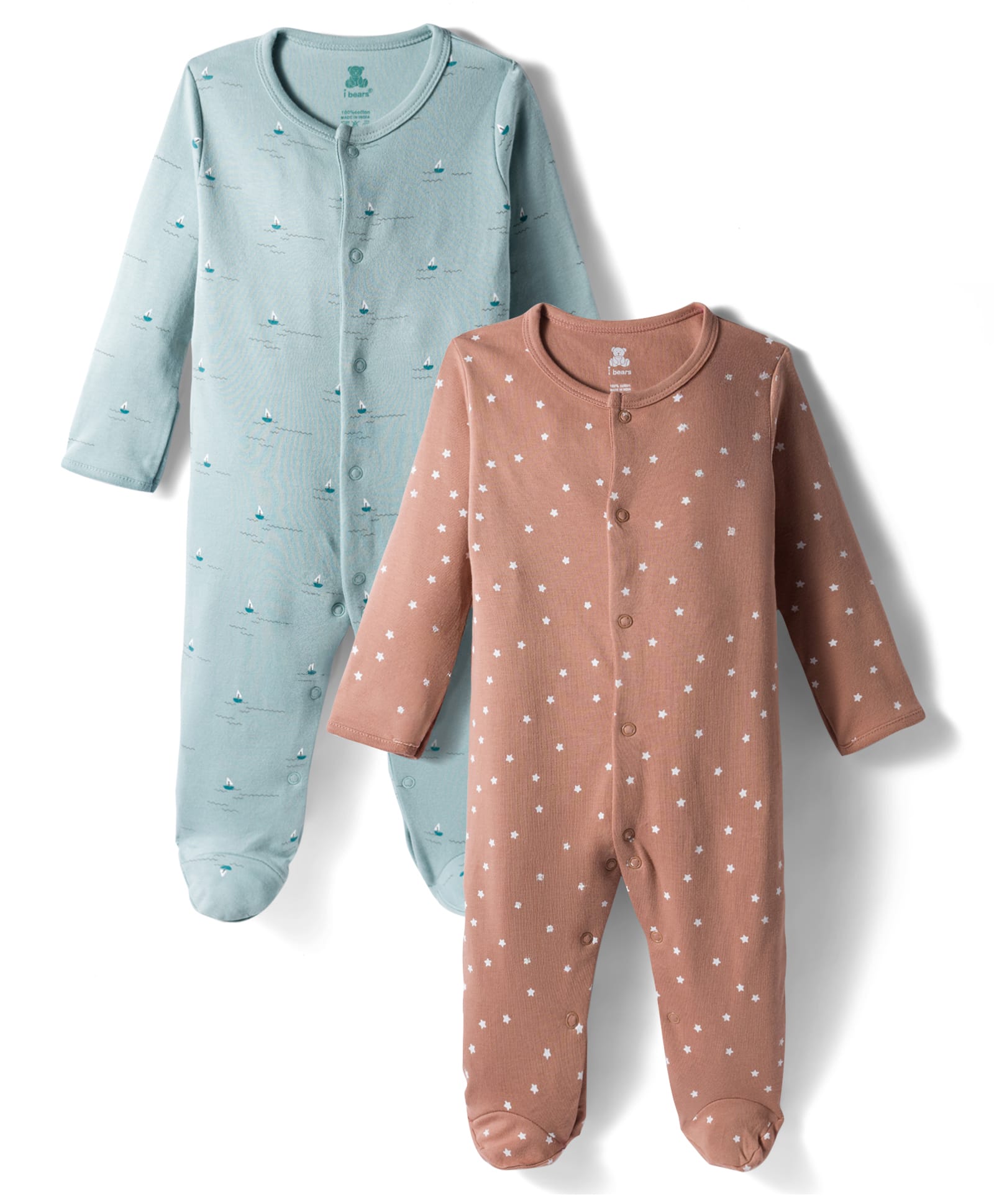 I Bears Interlock Knit Full Sleeves Sleep Suits with Polka Dots & Ship Print Pack of 2 - Brown & Light Blue-image-33