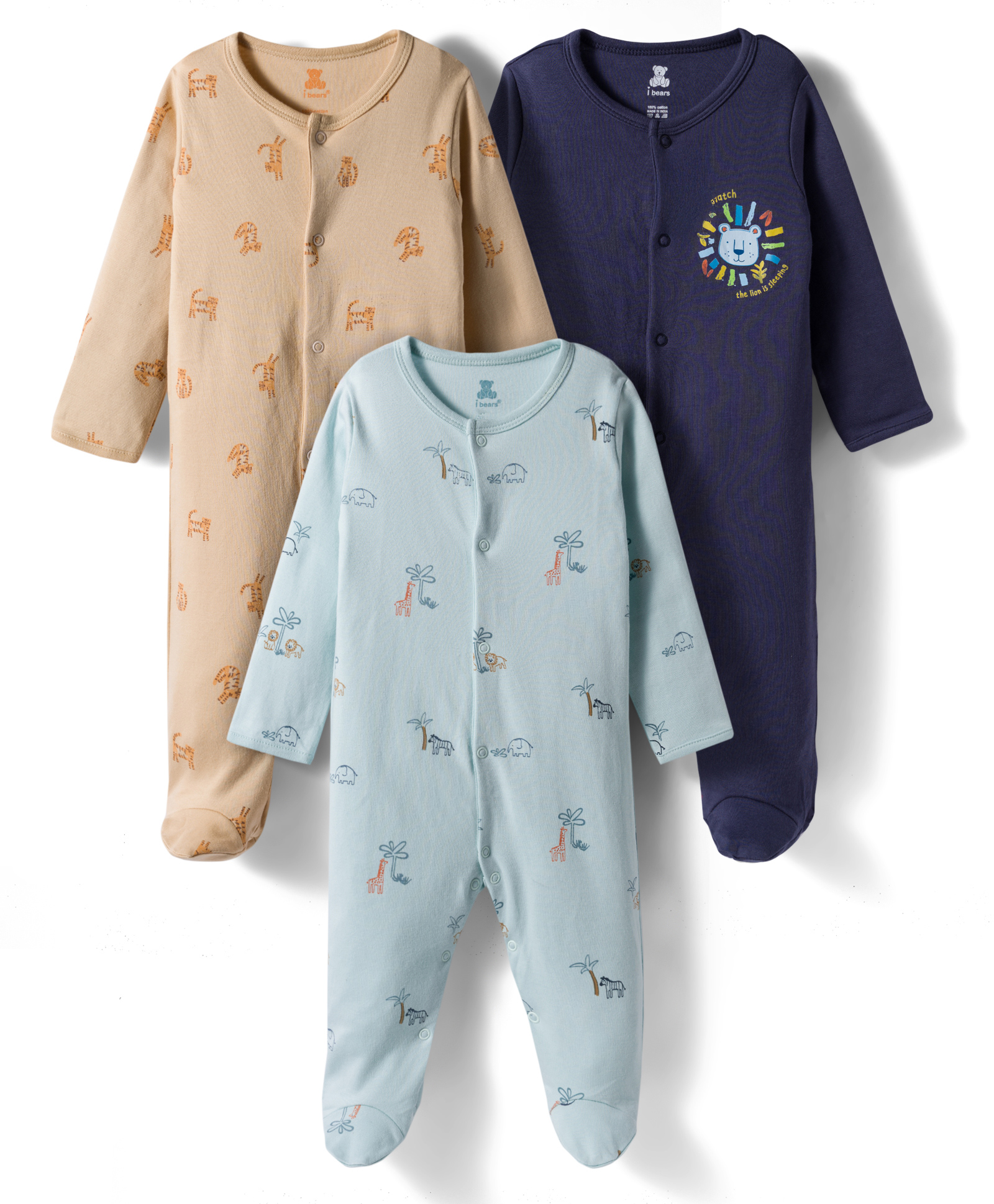 I Bears Interlock Knit Full Sleeves Sleep Suits with Animal Print Pack of 3 - Navy Blue Light Blue & Tan