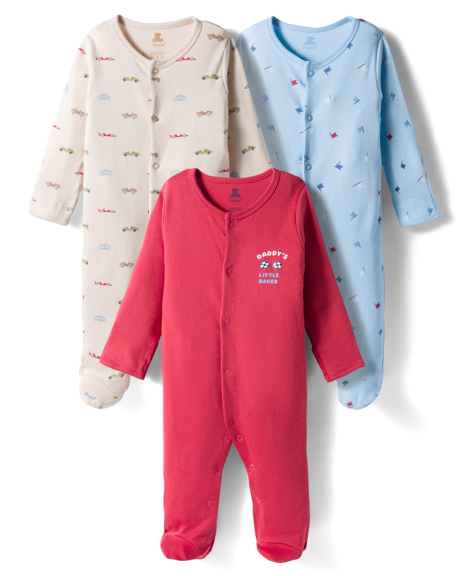 I Bears Interlock Knit Full Sleeves Sleep Suit with Vehicle Print Pack of 3 - Red Light Blue & Cream-picture-21