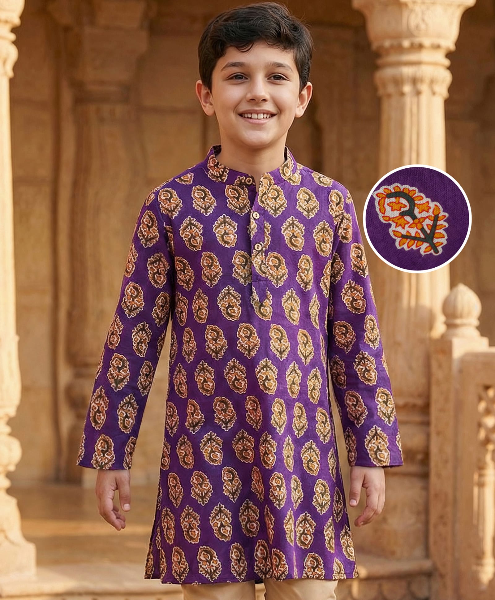 Pine Kids Cotton Woven Full Sleeves Kurta with Floral Print - Purple-picture-27