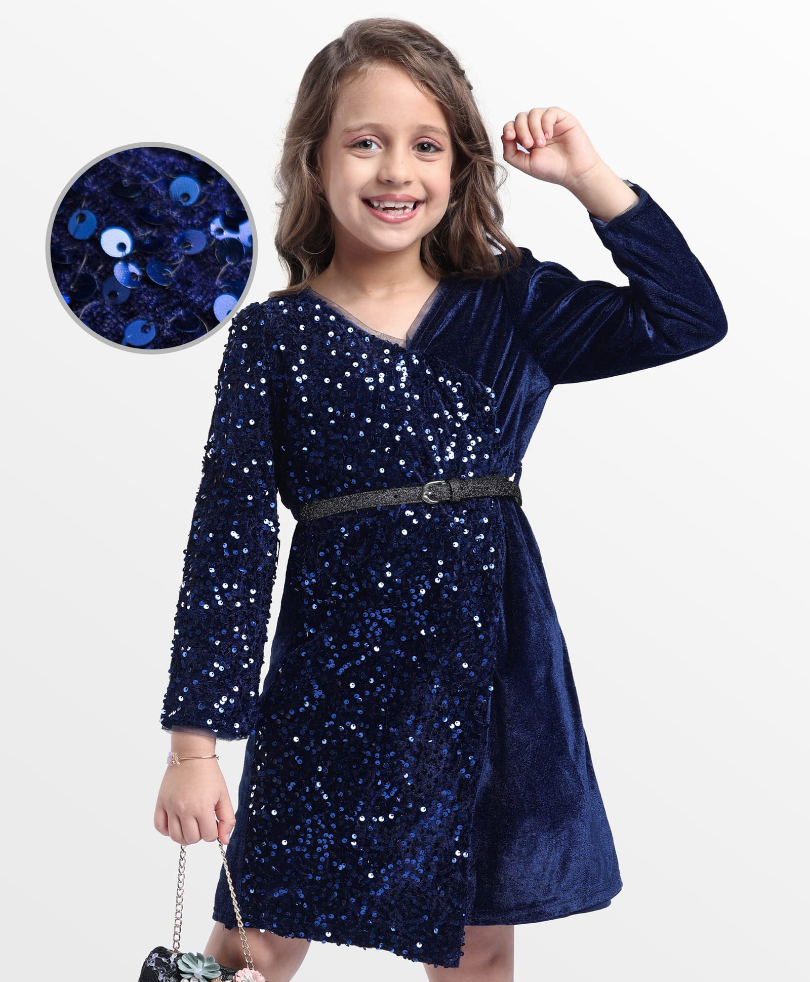 Hola Bonita Knit Full Sleeves Velvet Sequin Asymmetrical Party Dress with Belt - Navy Blue-image-37