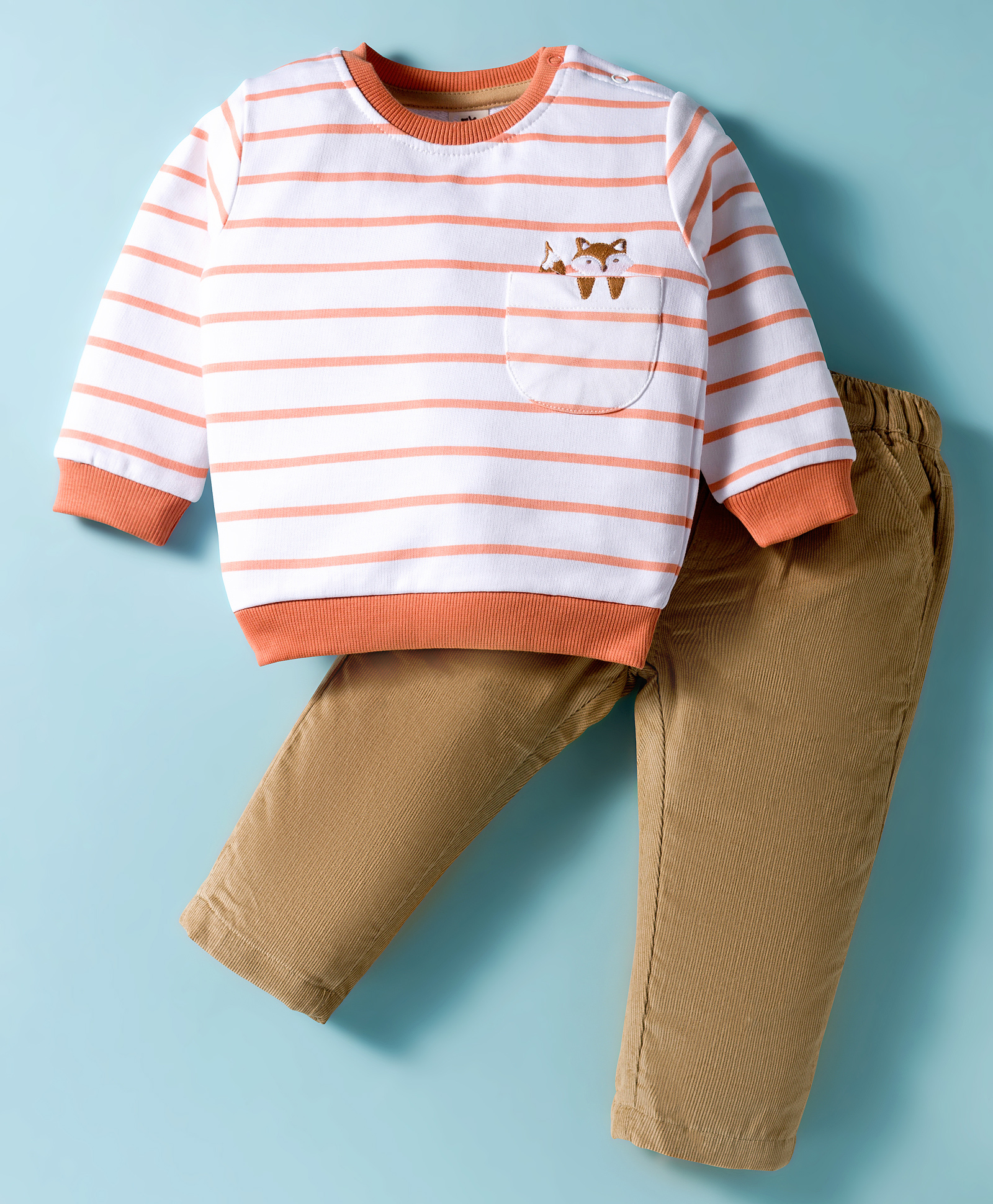 ToffyHouse Interlock Woven Full Sleeves Winter Wear Striped Sweatshirt & Lounge Pant Set With Fox Embroidery - Orange & Brown-picture-4