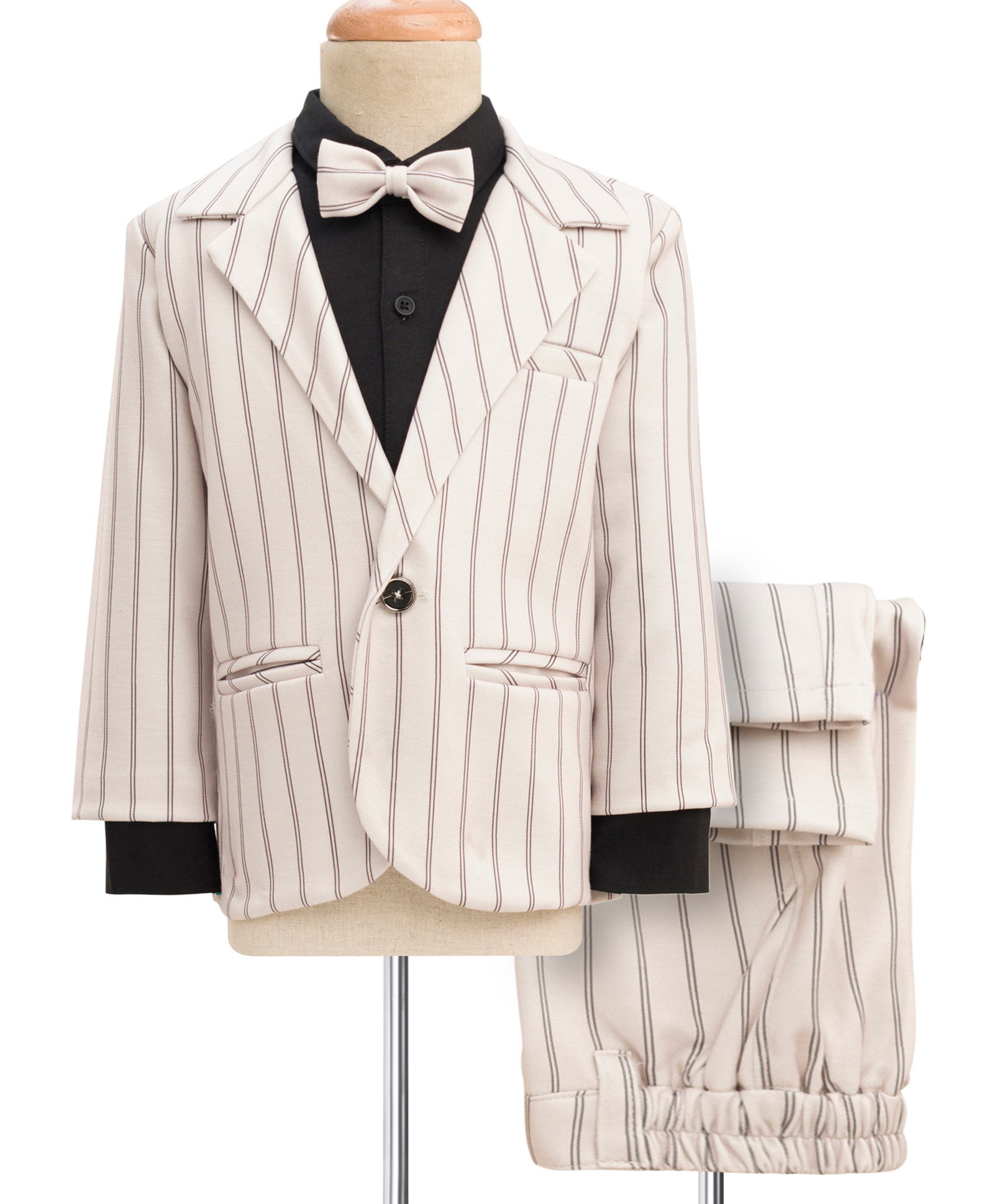 Robo Fry Cotton Woven Full Sleeves Striped 3 Piece Party Suit With Bow - Beige-picture-17