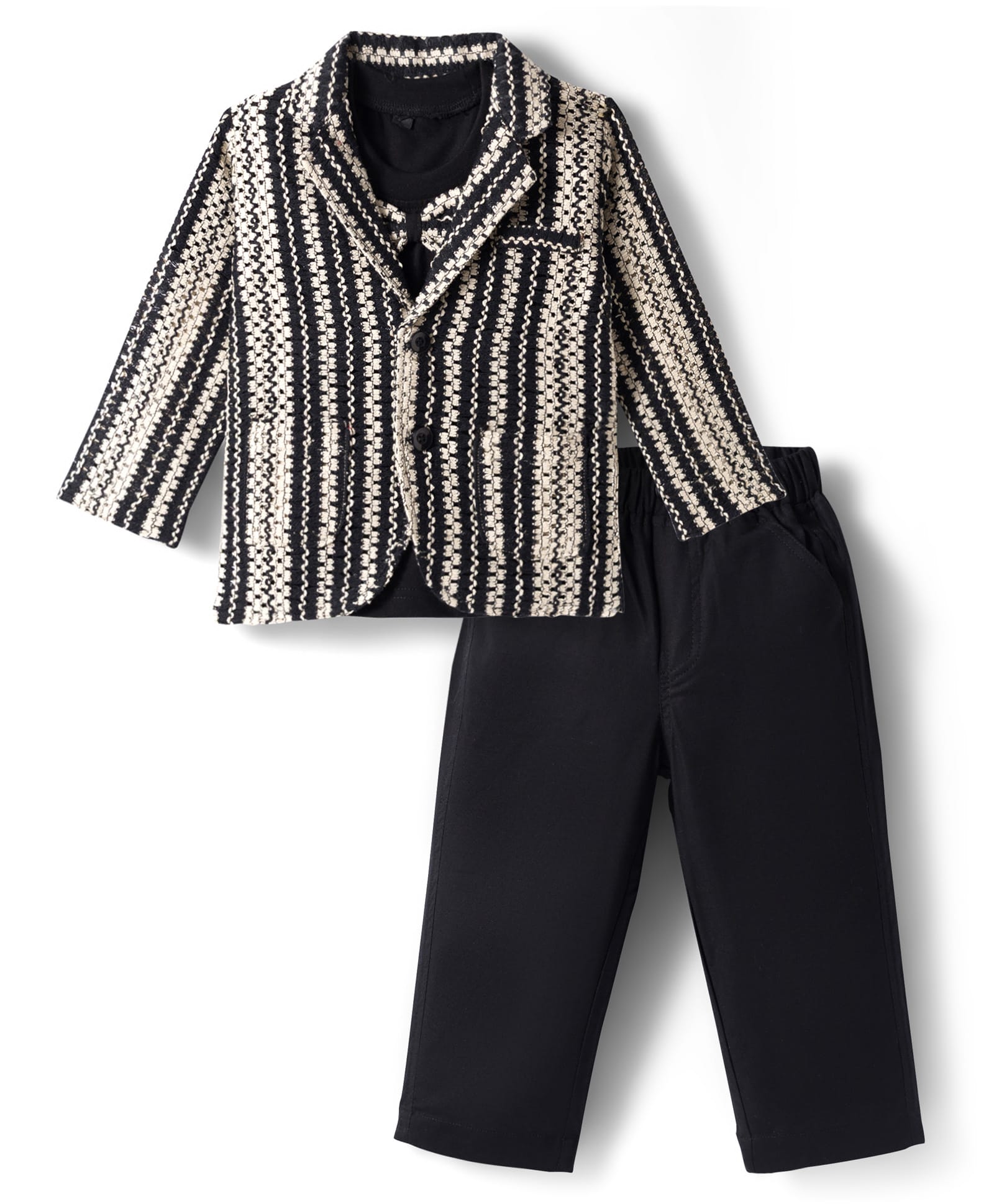 Robo Fry Cotton Woven Full Sleeves Striped Blazer & Trouser With Inner Tee & Bow Applique - Black-picture-10