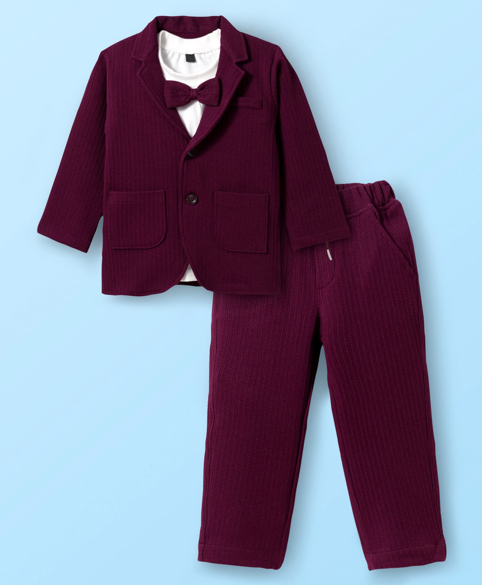 Robo Fry Cotton Woven Full Sleeves Jacket T-Shirt & Trouser with Attached Bow - Wine-picture-27