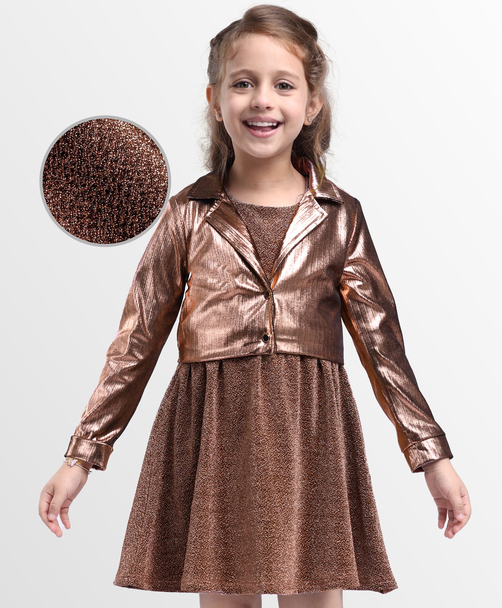Hola Bonita Knit Party Wear Shimmer Long Sleeves Jacket with Glitter Dress - Copper-image-3