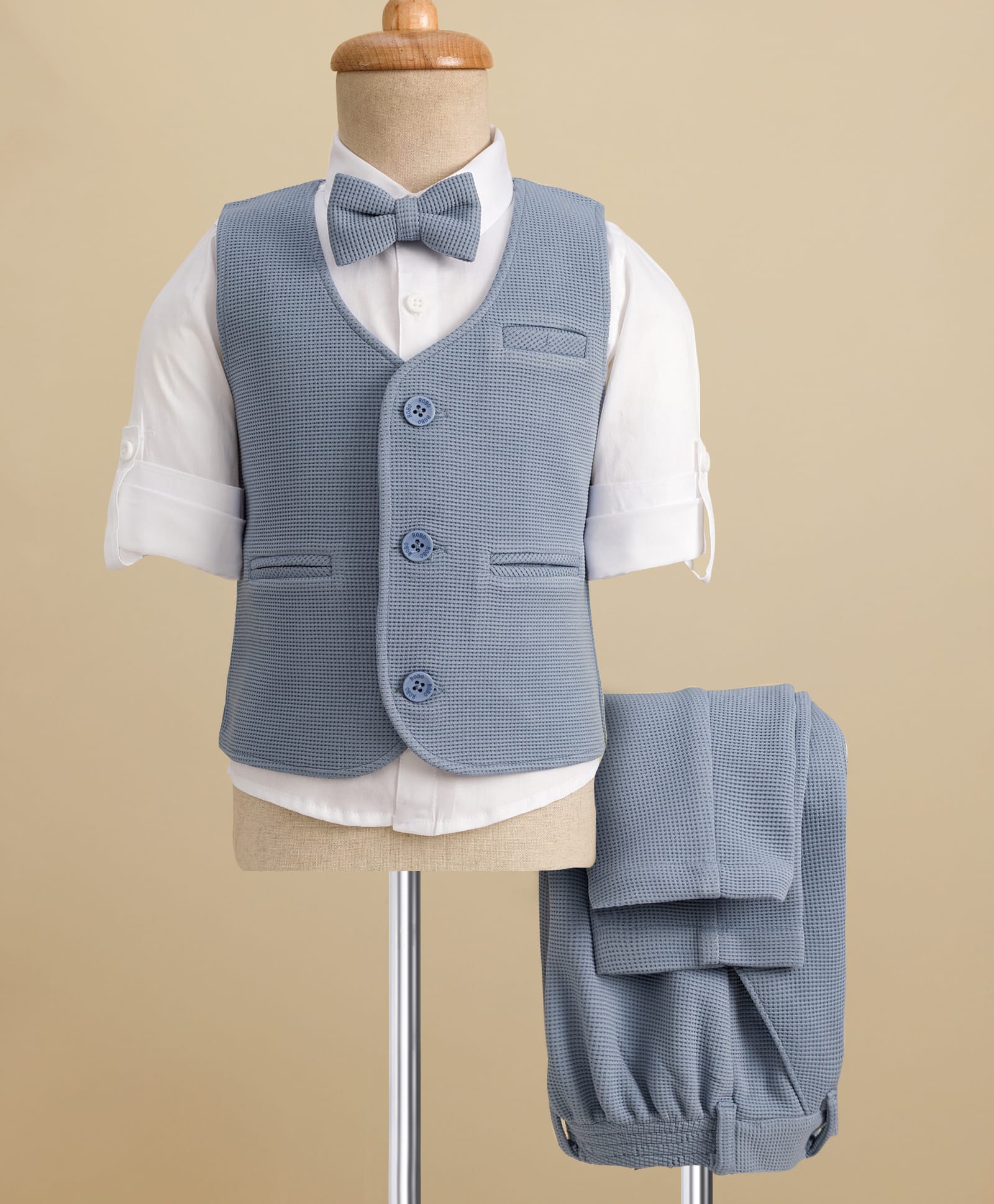 Robo Fry Cotton Woven Full Sleeves Solid Three Piece Party Suit with Bow - Light Blue-image-30