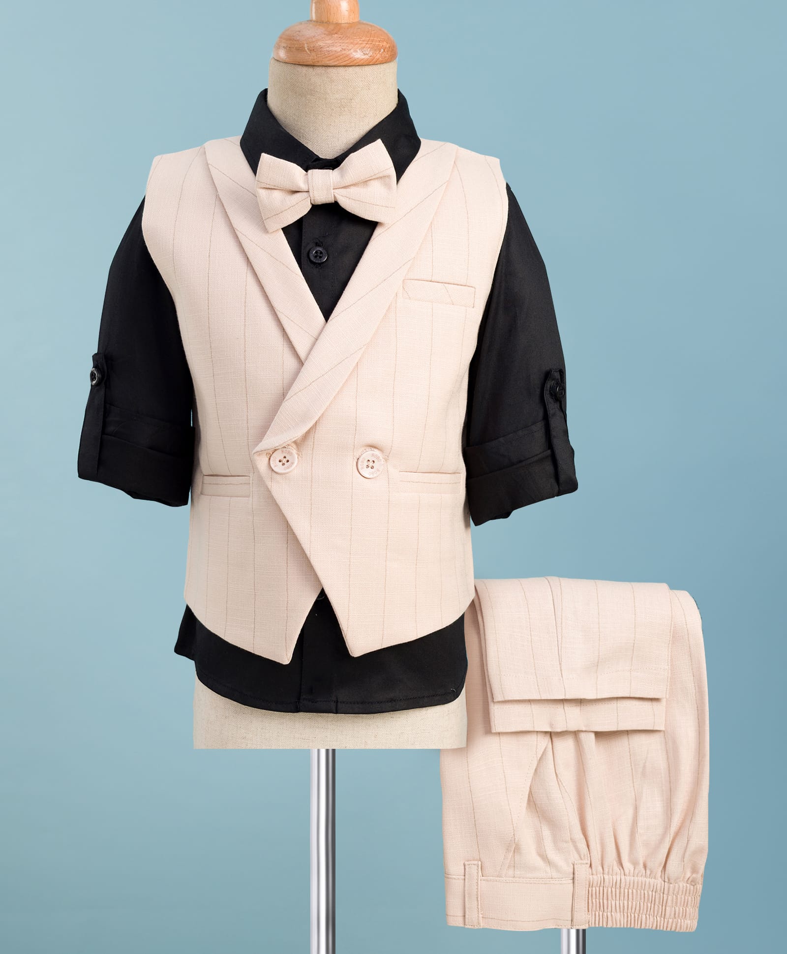 Robo Fry Cotton Woven Full Sleeves Solid Three Piece Party Suit with Bow - Black & Biege-picture-10