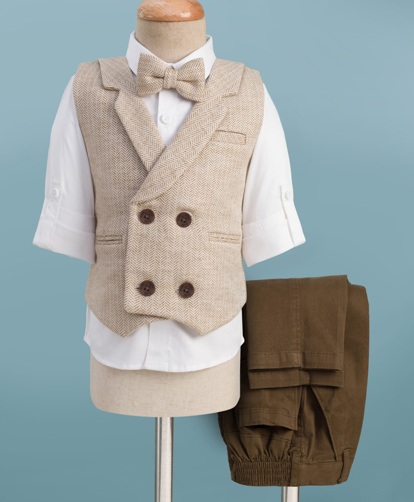 Robo Fry Cotton Knit Full Sleeves Solid 3 Piece Party Suit With Bow - Tan-image-11