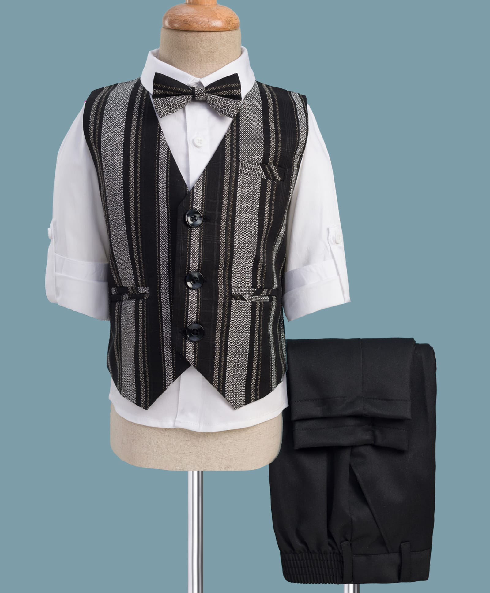 Robo Fry Cotton Woven Full Sleeves Striped 3 Piece Party Suit With Bow - Black & White-picture-37