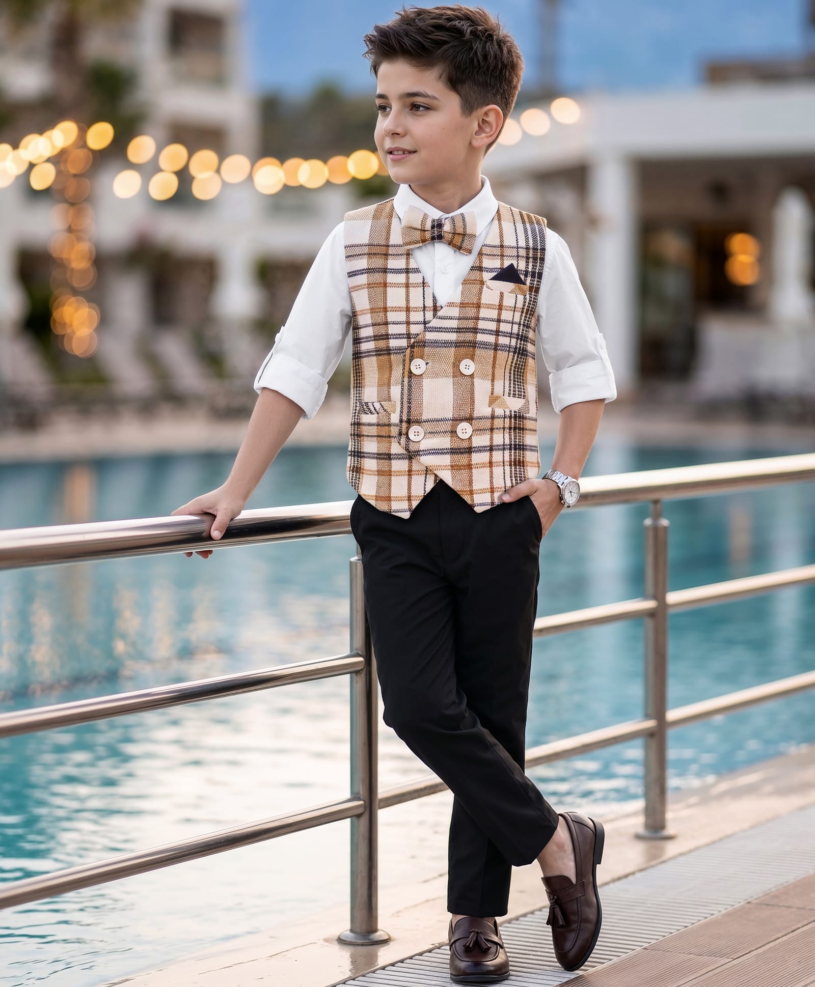 Robo Fry Cotton Woven Full Sleeves Checks 3 Piece Party Suit With Bow - Beige-picture-46