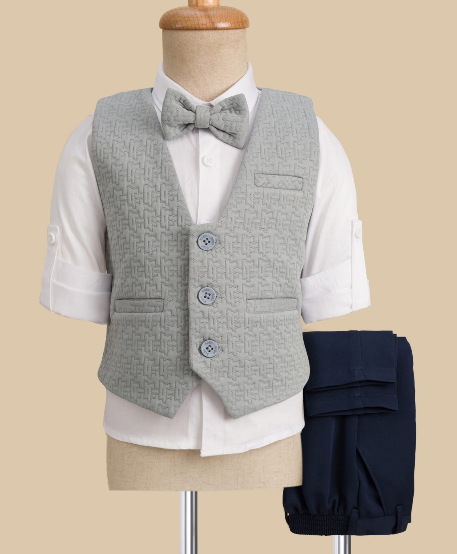 Robo Fry Cotton Woven Full Sleeves Solid Thee Piece Party Suit with Bow - Light Grey White & Navy Blue-picture-21