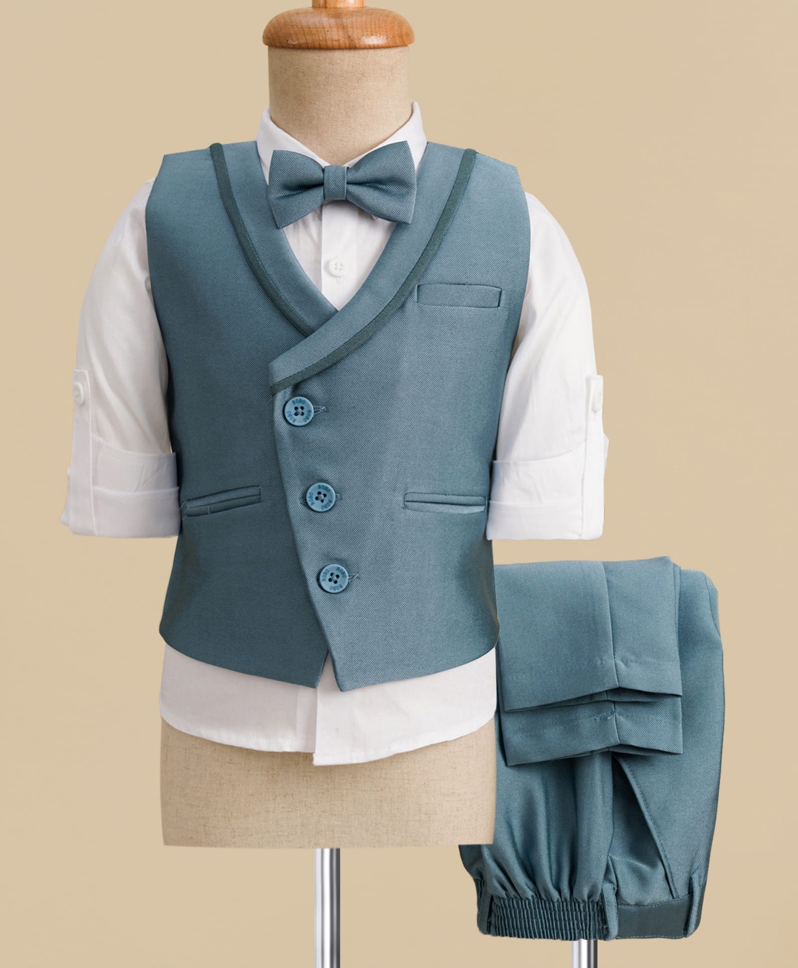 Robo Fry Cotton Woven Full Sleeves Solid 3 Piece Party Suit With Bow - Blue-picture-14