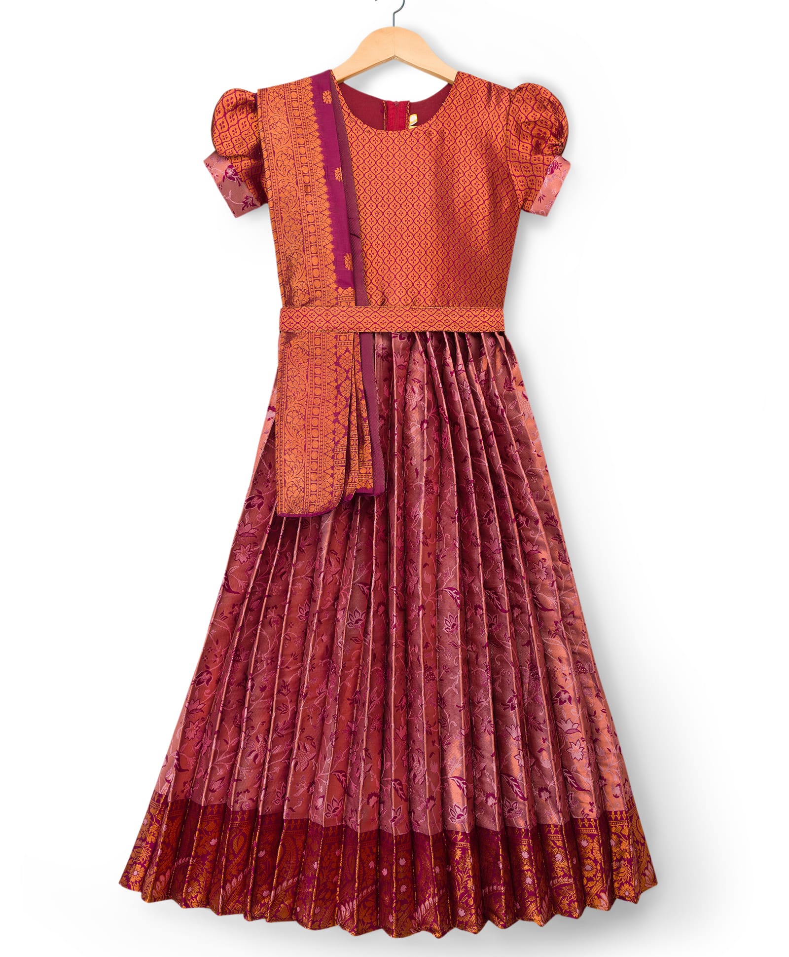 Bhartiya Paridhan Silk Woven Half Sleeves Ethnic Dress With Dupatta Set & Floral Print - Maroon-image-4