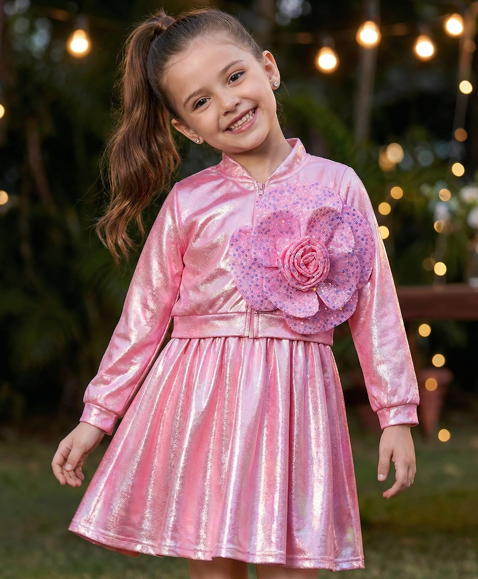 Hola Bonita Knit Glitter Party Dress & Full Sleeves Jacket With Rose Applique & Sequin Detailing - Pink-picture-19