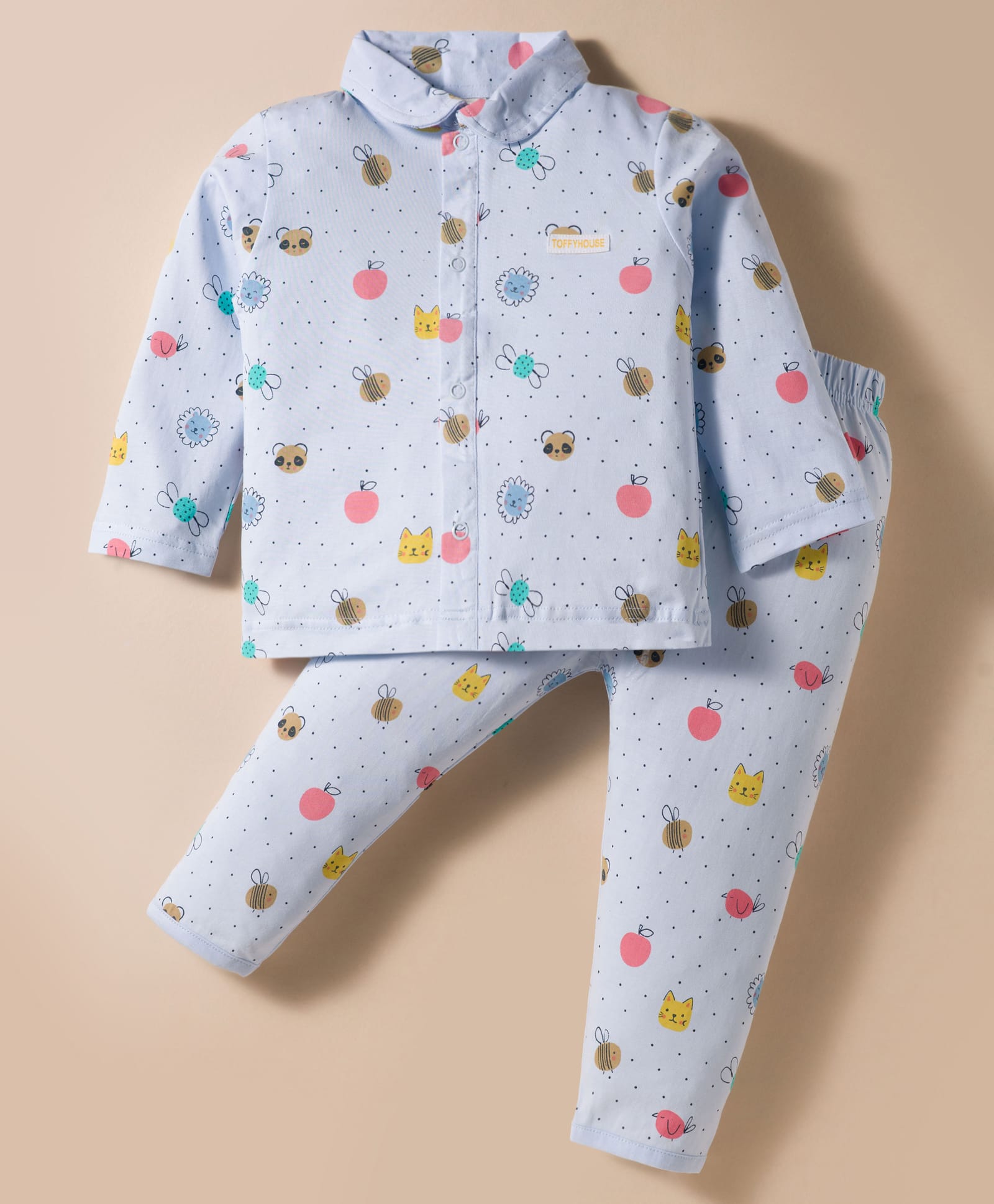 ToffyHouse Knitted Full Sleeves Co-Ord Night Suit With Bee & Butterfly Print - Light Blue-picture-6
