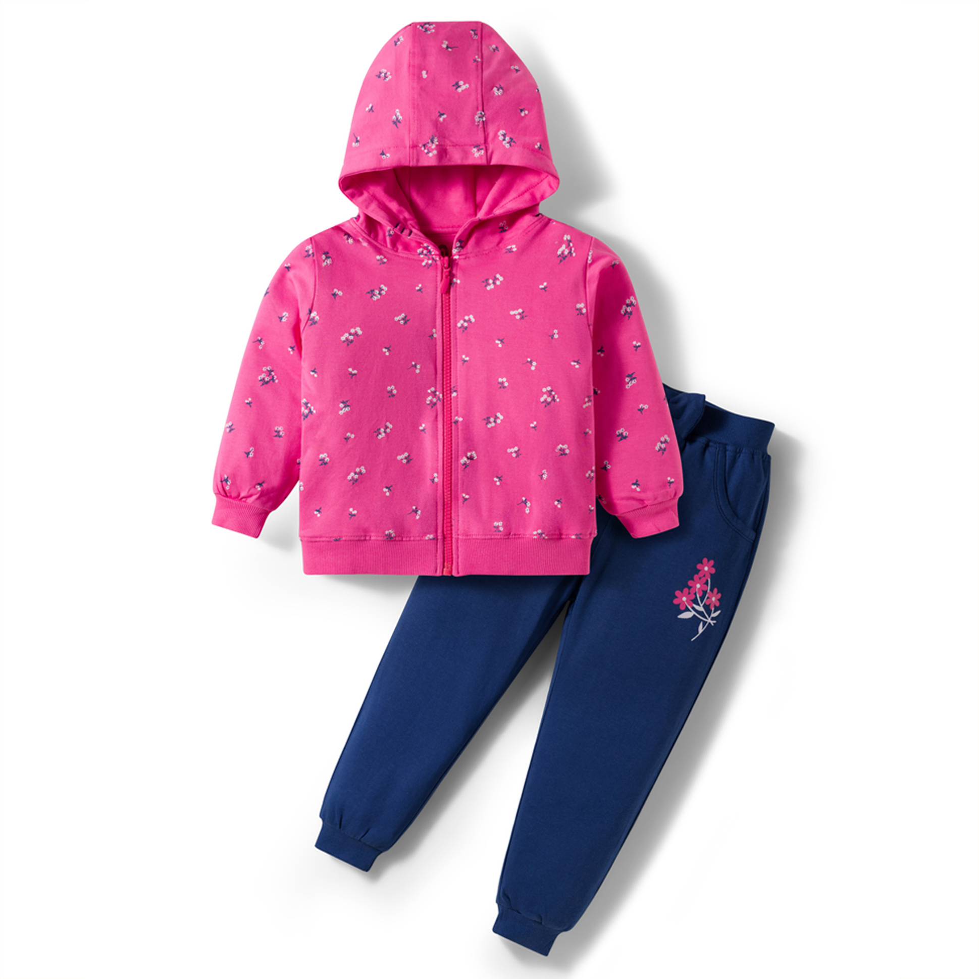 Doodle Poodle 100% Cotton Terry Knit Full Sleeves Light Weight Winter Wear Hooded Top & Lounge Pant Set with Floral Print - Pink & Navy Blue-picture-43
