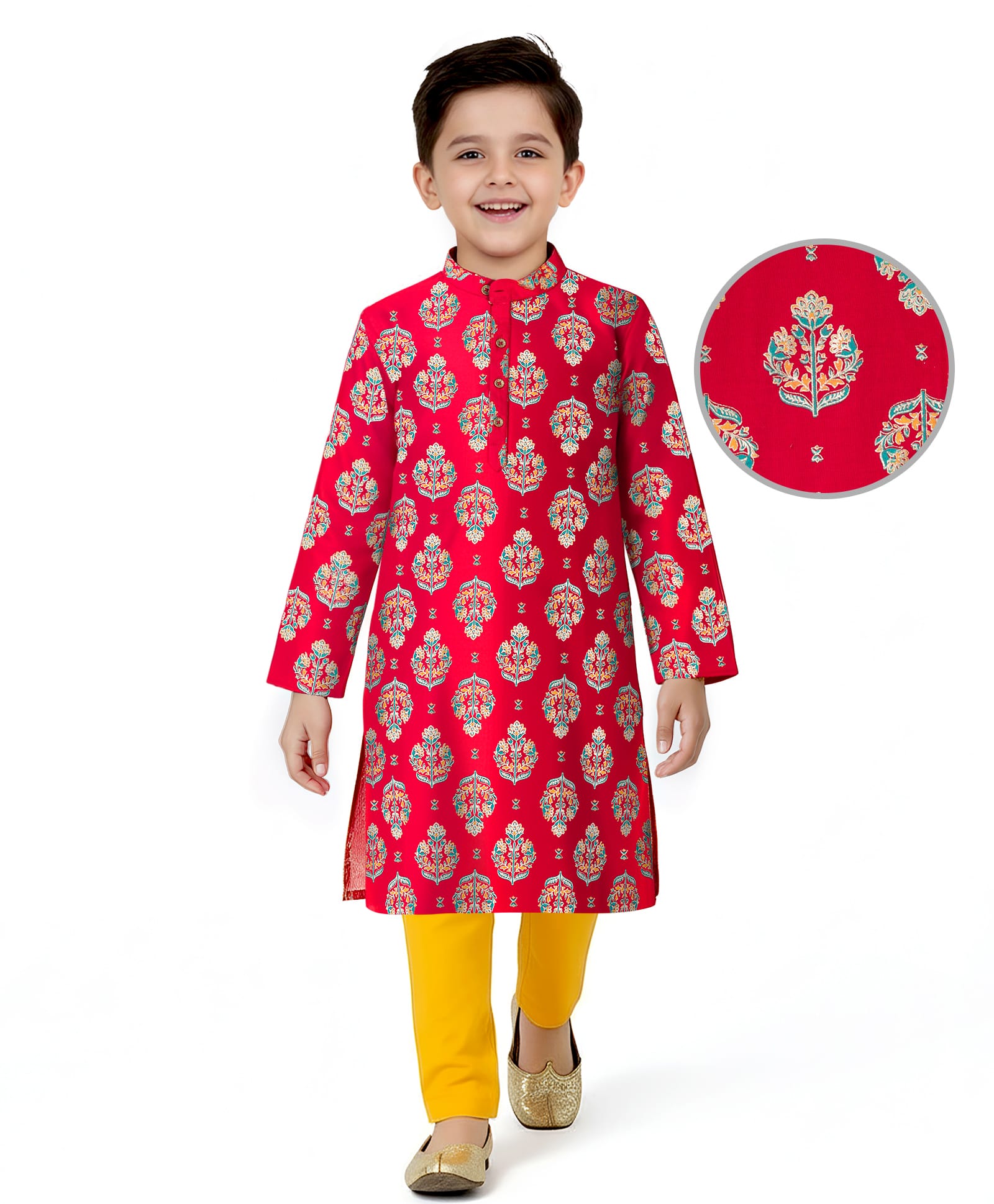 EARTHY TOUCH Single Jersey Knit Full Sleeves Kurta Pajama Set with Floral Print - Red-picture-14