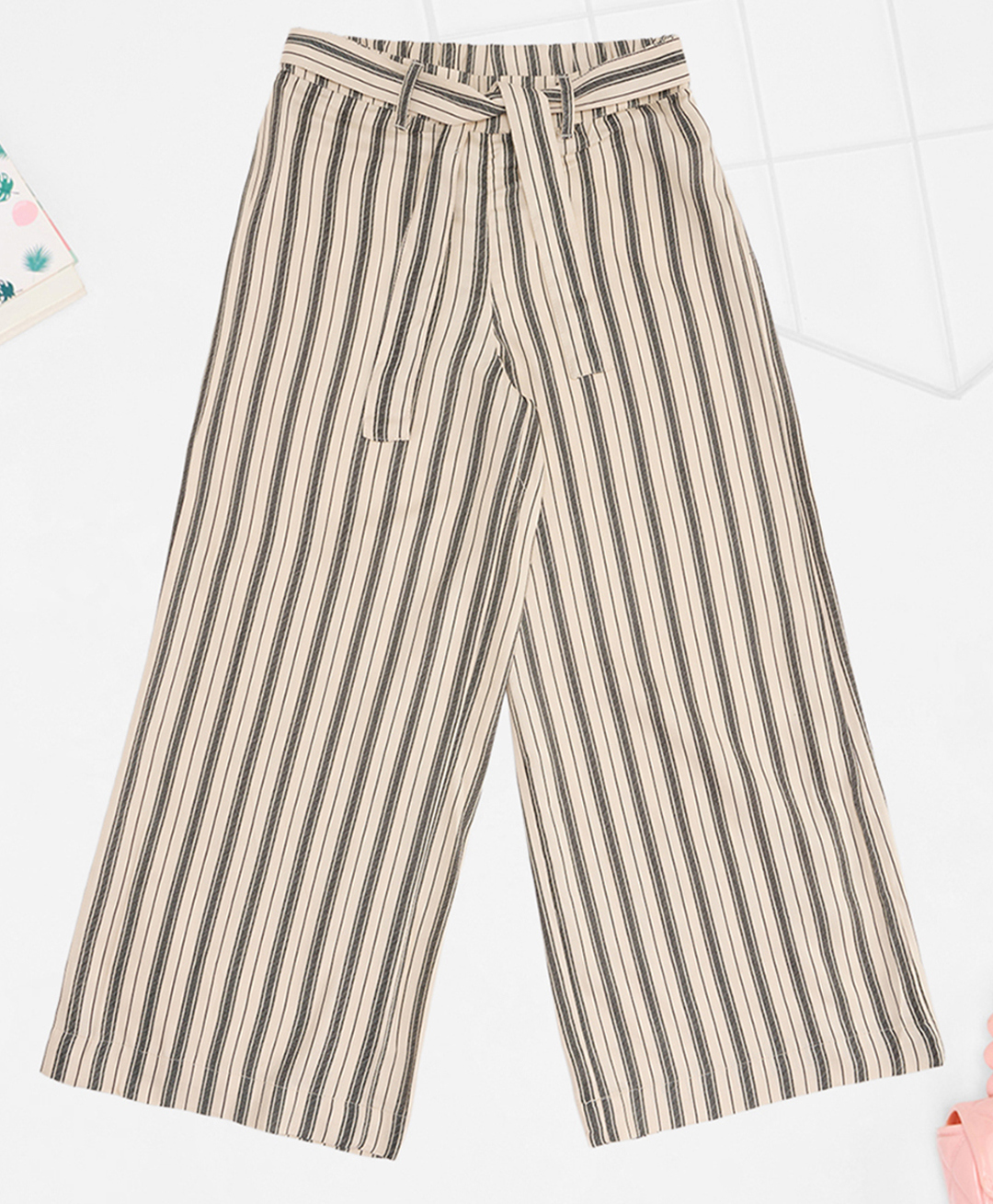 Pantaloons Junior Rayon Woven Striped Palazzo With Belt - Beige-picture-26