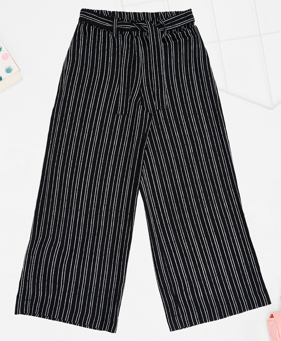 Pantaloons Junior Rayon Woven Striped Palazzo With Belt - Black-picture-35