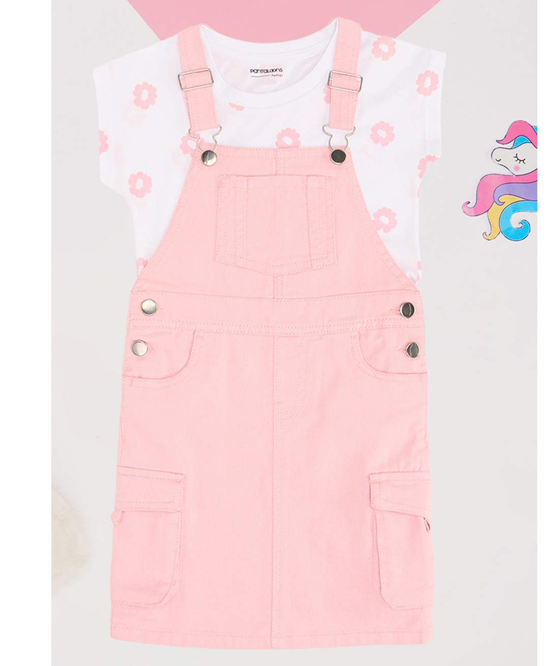 Pantaloons Junior Cotton Woven Solid Dungaree With Half Sleeves Floral Printed Tee - Pink-image-15