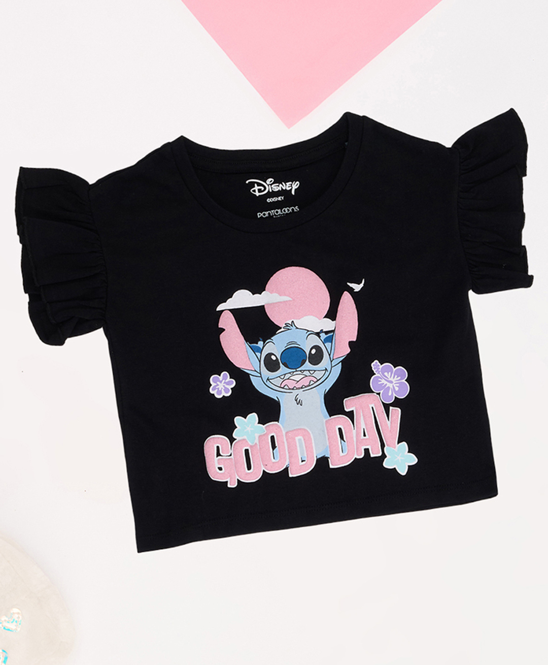 Pantaloons Junior 100% Cotton Knit Disney Lilo & Stitch Featuring Flutter Sleeves Good Day Text & Character Printed Top - Jet Black-picture-30