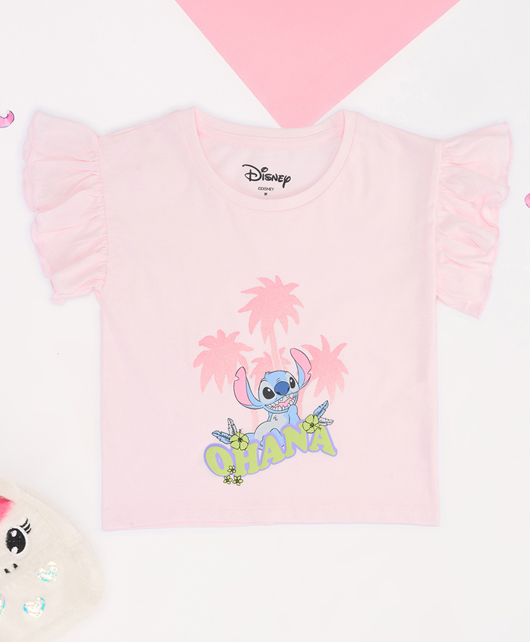 Pantaloons Junior 100% Cotton Knit Disney Lilo & Stitch Featuring Flutter Sleeves Ohana Text & Character Printed Top - Baby Pink-picture-31