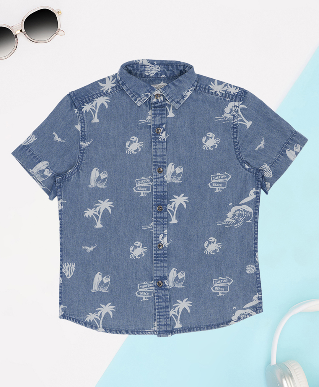Pantaloons Junior Cotton Knit Half Sleeves Beach Themed Printed Shirt - Royal Blue-image-46