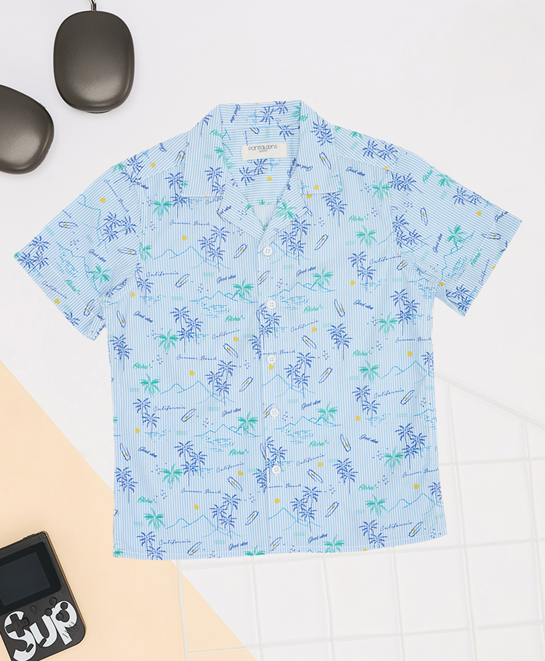 Pantaloons Junior 100% Cotton Woven Half Sleeves Striped & Palm Trees Printed Shirt - Sky Blue-picture-25