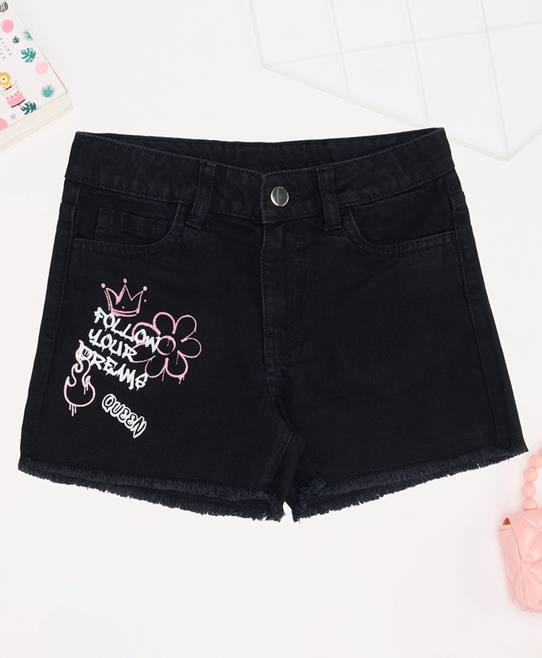 Pantaloons Junior Cotton Denim Follow Your Dreams Text Printed Shorts - Black-picture-25