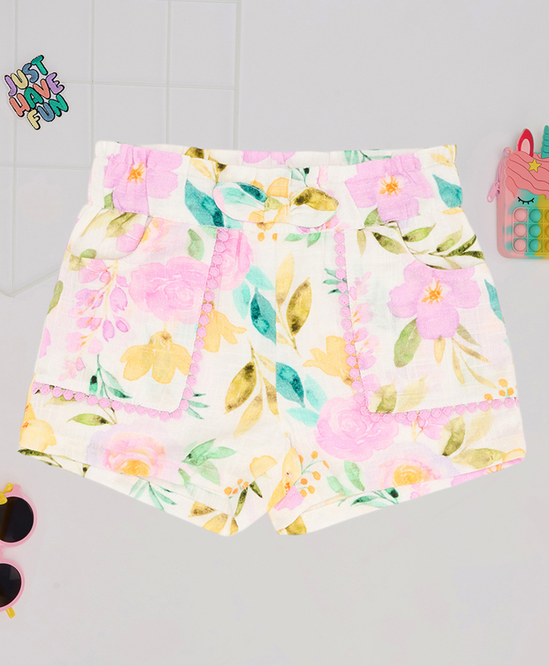 Pantaloons Junior Cotton Woven Floral Printed Lace Detailed Shorts - Off White-picture-36