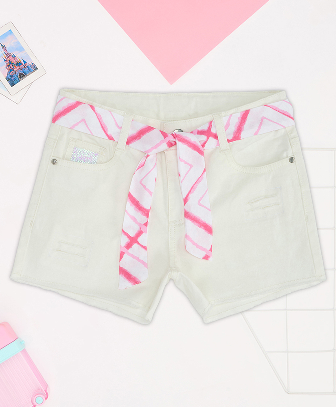 Pantaloons Junior Cotton Woven Solid Shorts With Belt - White-picture-31