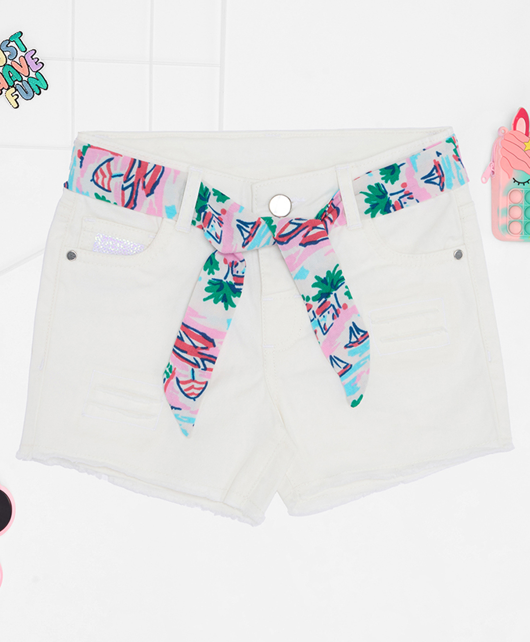 Pantaloons Junior Cotton Woven Solid Shorts With Belt - White-picture-28