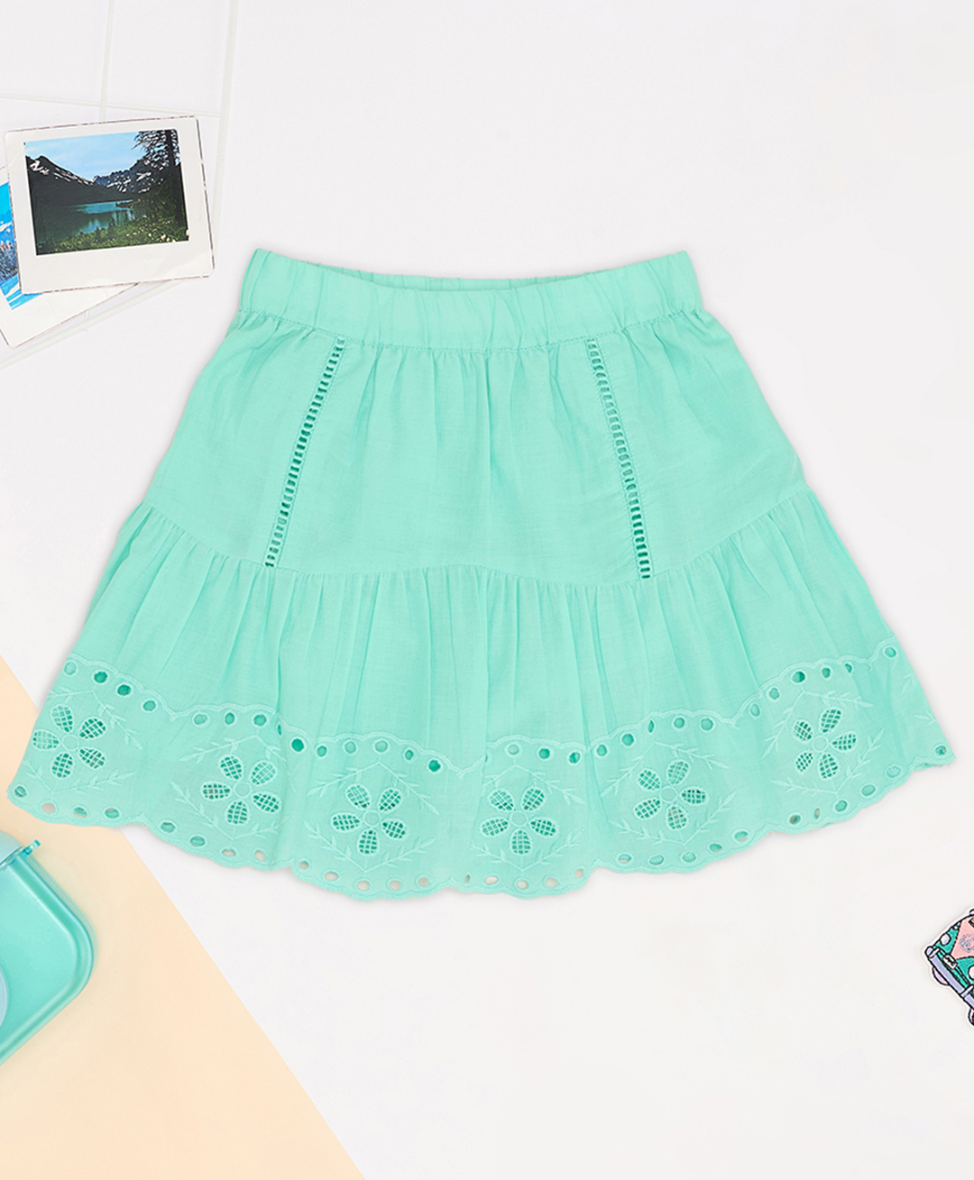 Pantaloons Junior Cotton Woven Floral & Schiffli Embroidered Skirt - Turquoise-picture-16