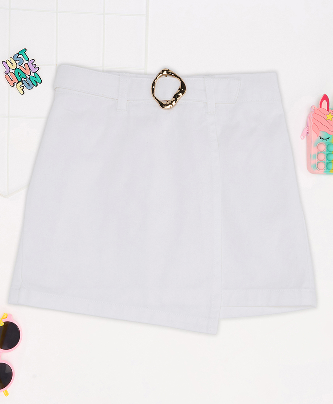 Pantaloons Junior Cotton Woven Solid Skirt With Belt - Off White-picture-22