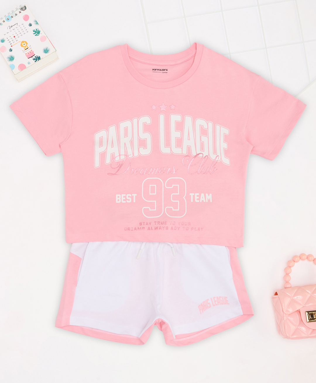 Pantaloons Junior Cotton Knit Half Sleeves Paris League Text Printed Tee & Shorts Night Suit Set - Pink-picture-42