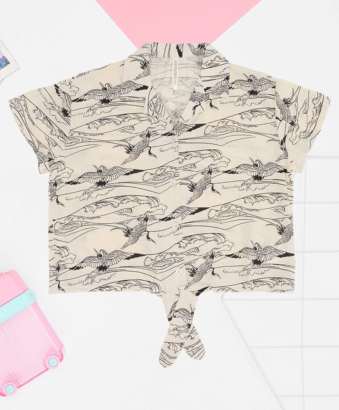 Pantaloons Junior Viscose Woven Half Sleeves Birds Printed Shirt Style Crop Top - Cream-image-7