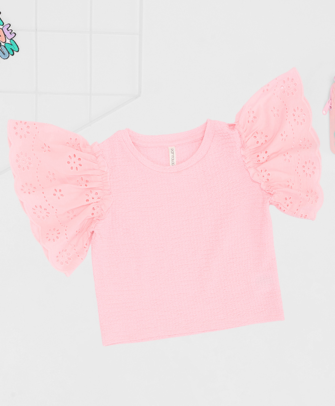 Pantaloons Junior Knit Half Flutter Sleeves Floral Schfliil Embroidered & Textured Top - Baby Pink-picture-11